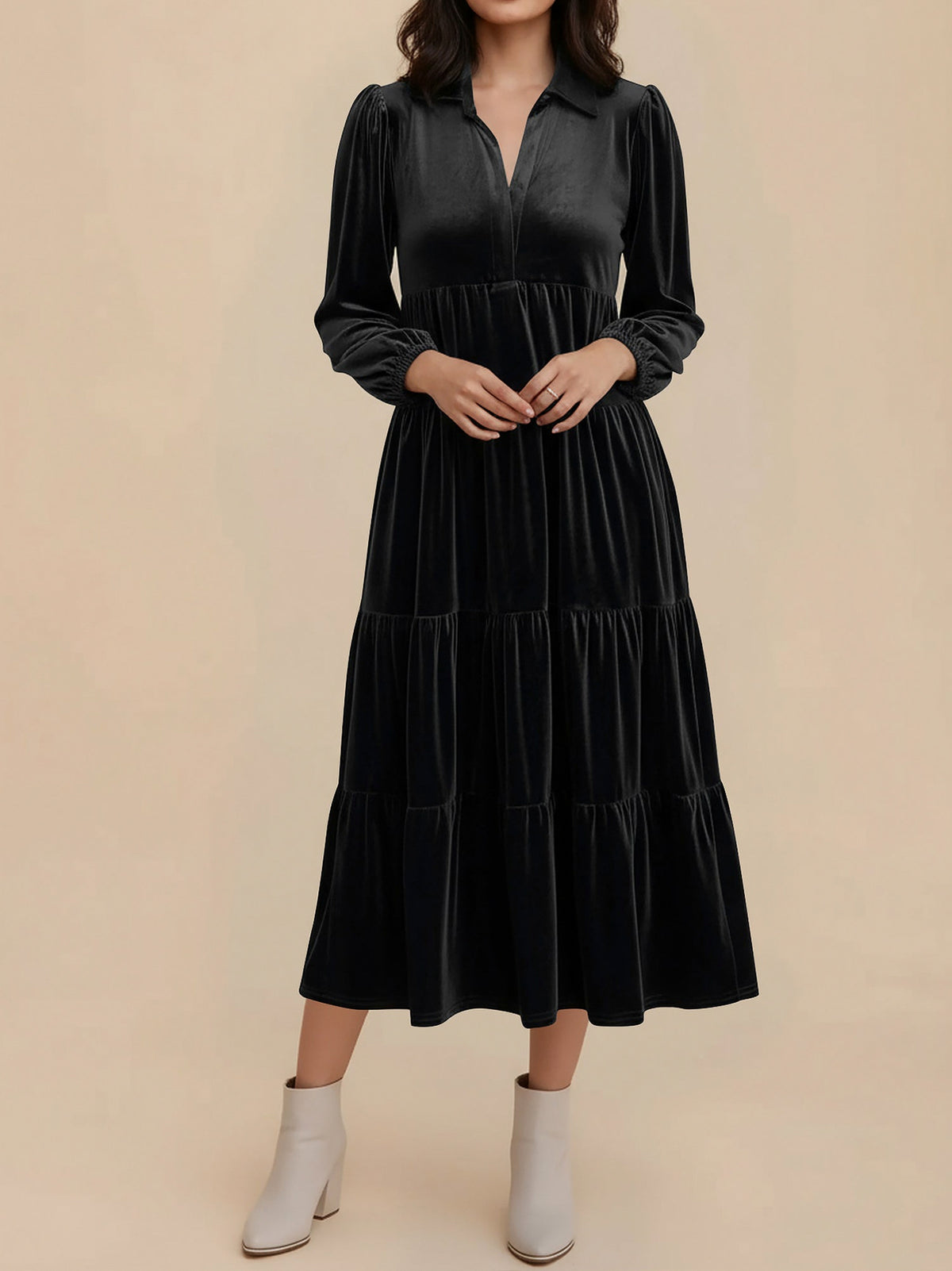Velvet Collared Tiered Midi Dress