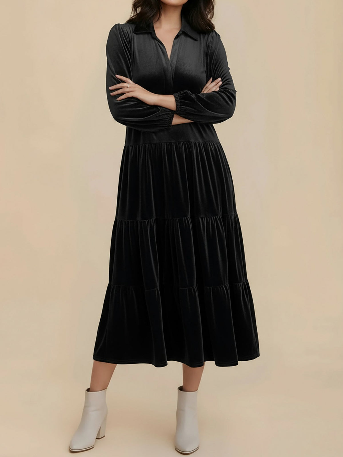Velvet Collared Tiered Midi Dress