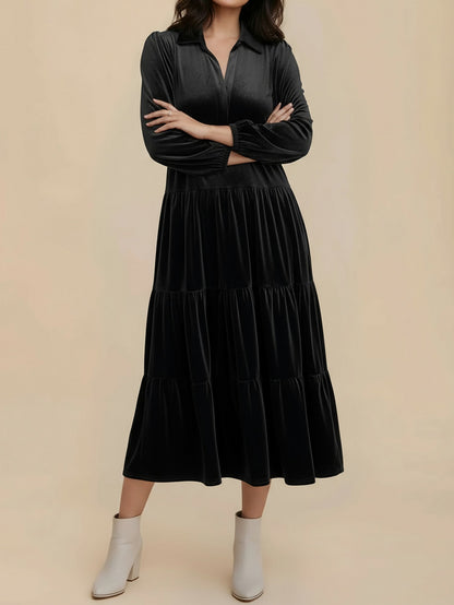 Velvet Collared Tiered Midi Dress