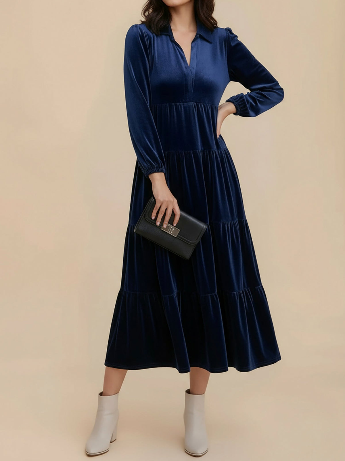Velvet Collared Tiered Midi Dress in Dark Blue