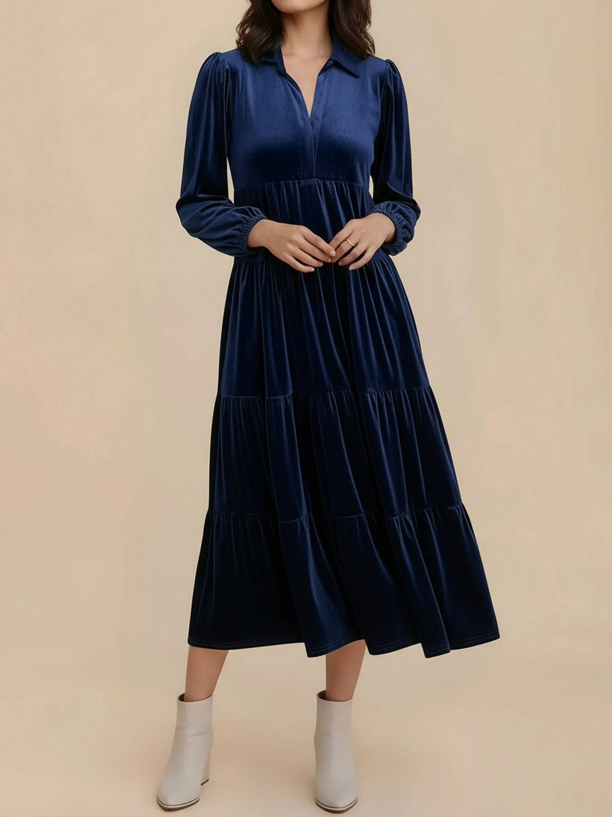 Velvet Collared Tiered Midi Dress