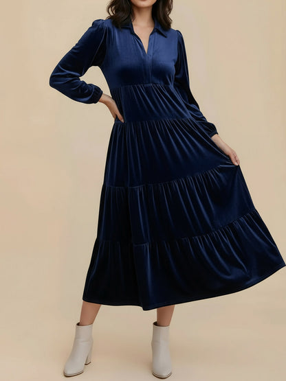 Velvet Collared Tiered Midi Dress