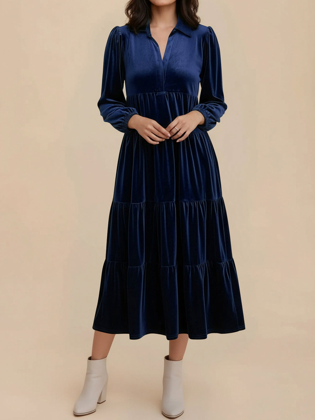 Velvet Collared Tiered Midi Dress
