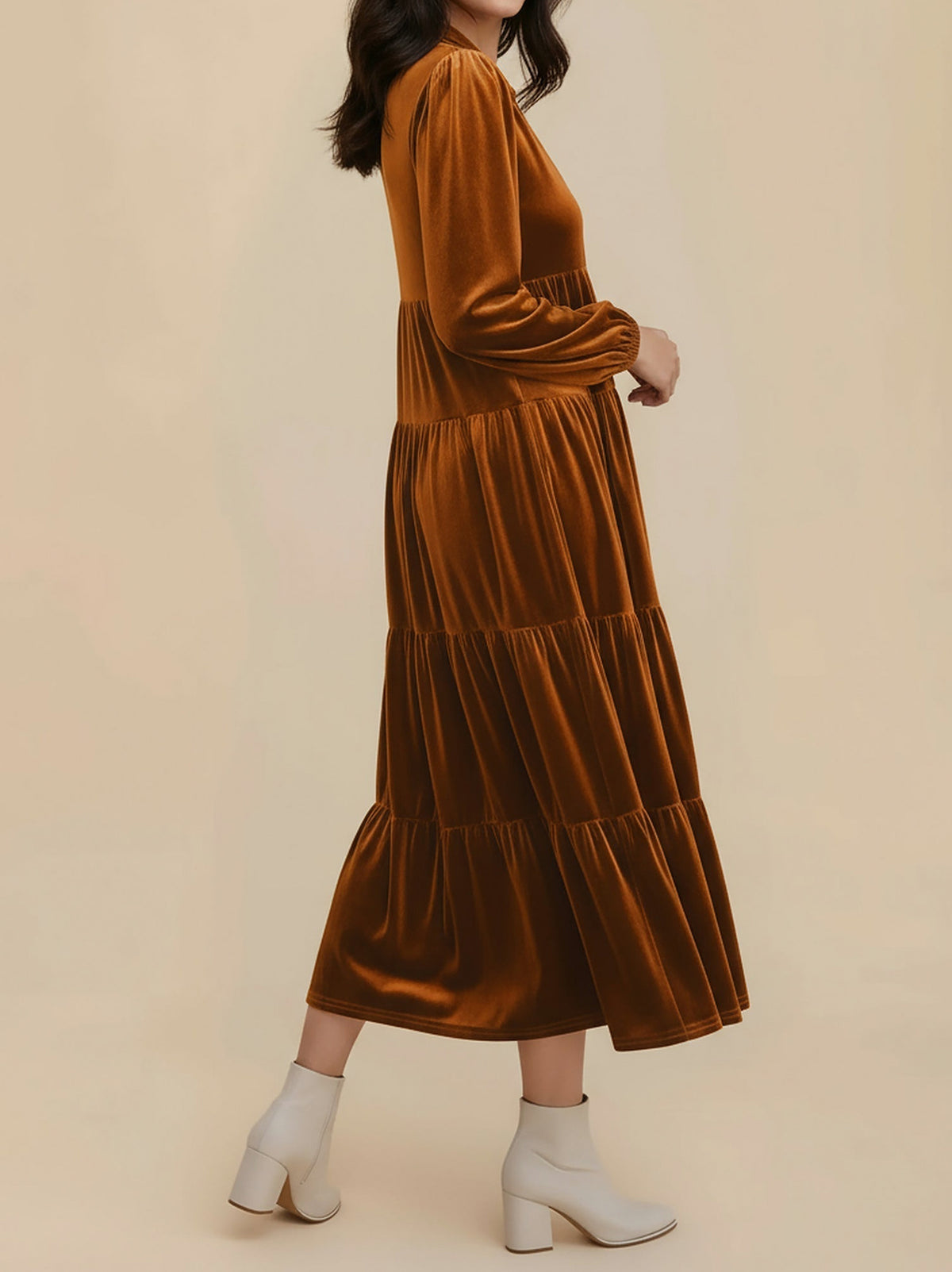 Velvet Collared Tiered Midi Dress