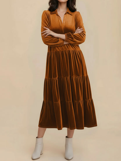 Velvet Collared Tiered Midi Dress