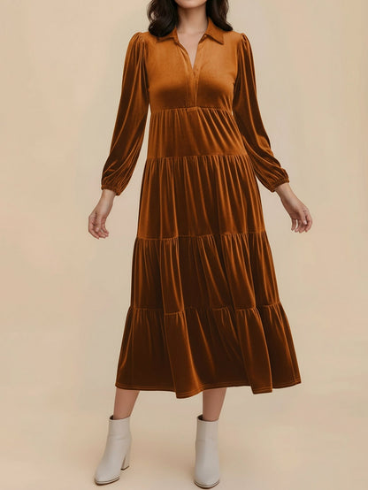 Velvet Collared Tiered Midi Dress