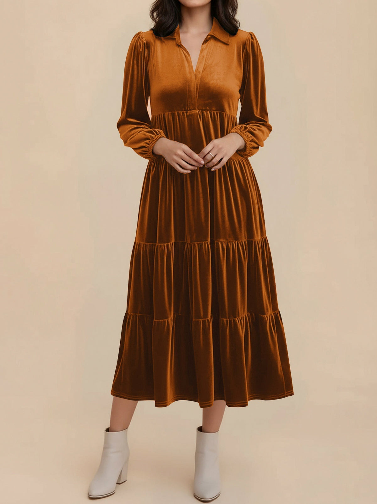 Velvet Collared Tiered Midi Dress