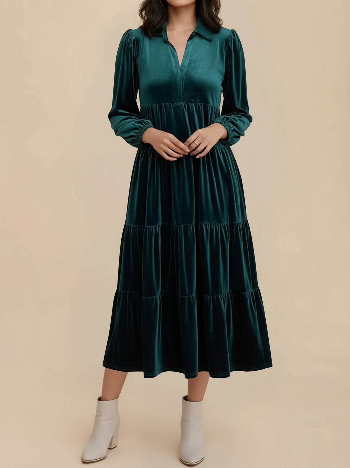 Velvet Collared Tiered Midi Dress in Dark Green