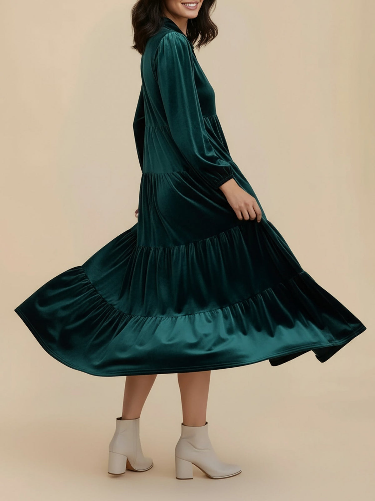 Velvet Collared Tiered Midi Dress