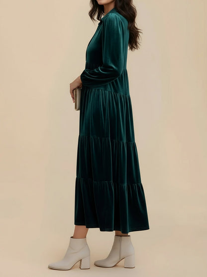 Velvet Collared Tiered Midi Dress