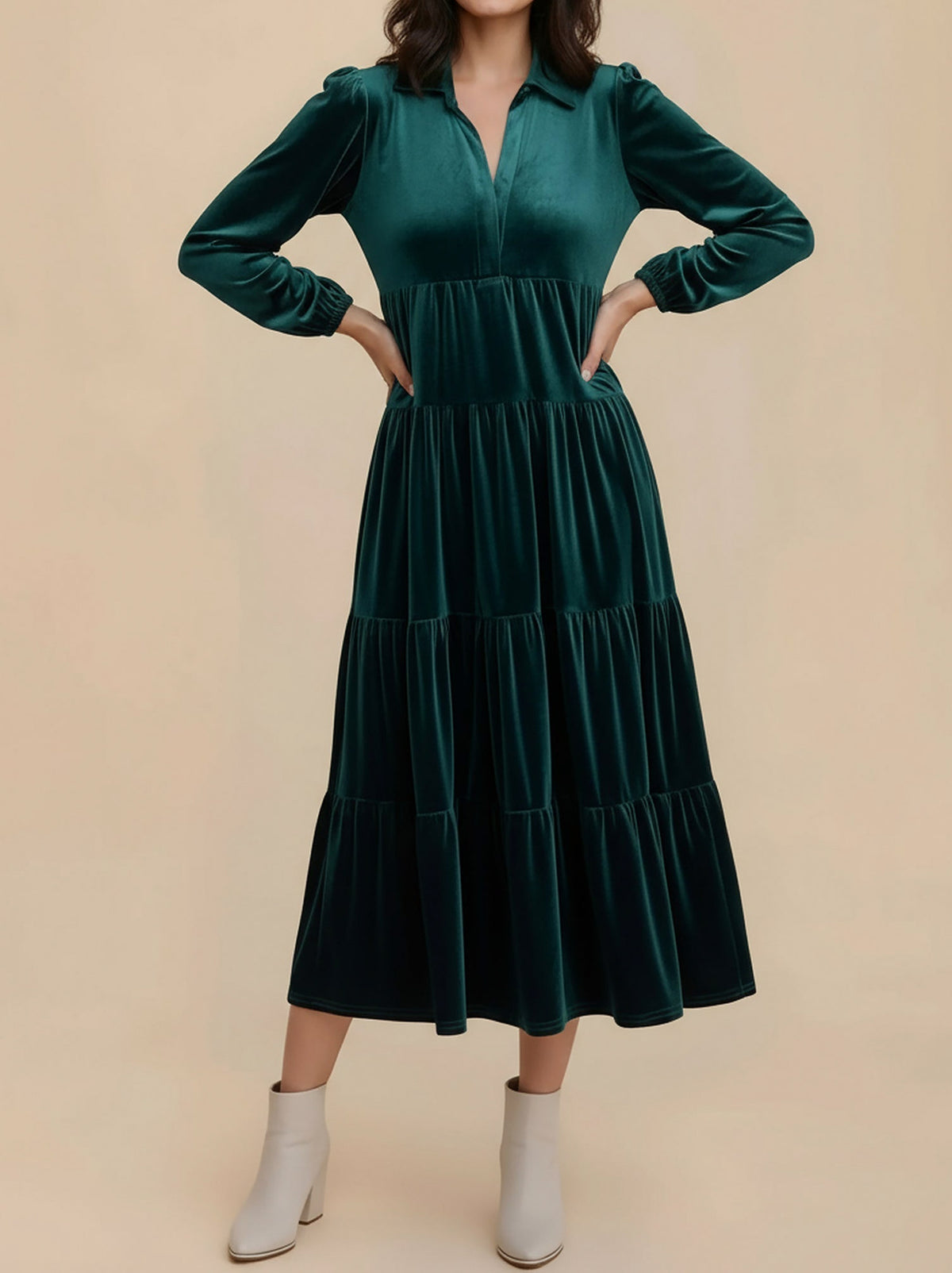 Velvet Collared Tiered Midi Dress