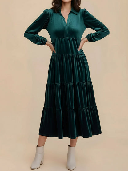 Velvet Collared Tiered Midi Dress