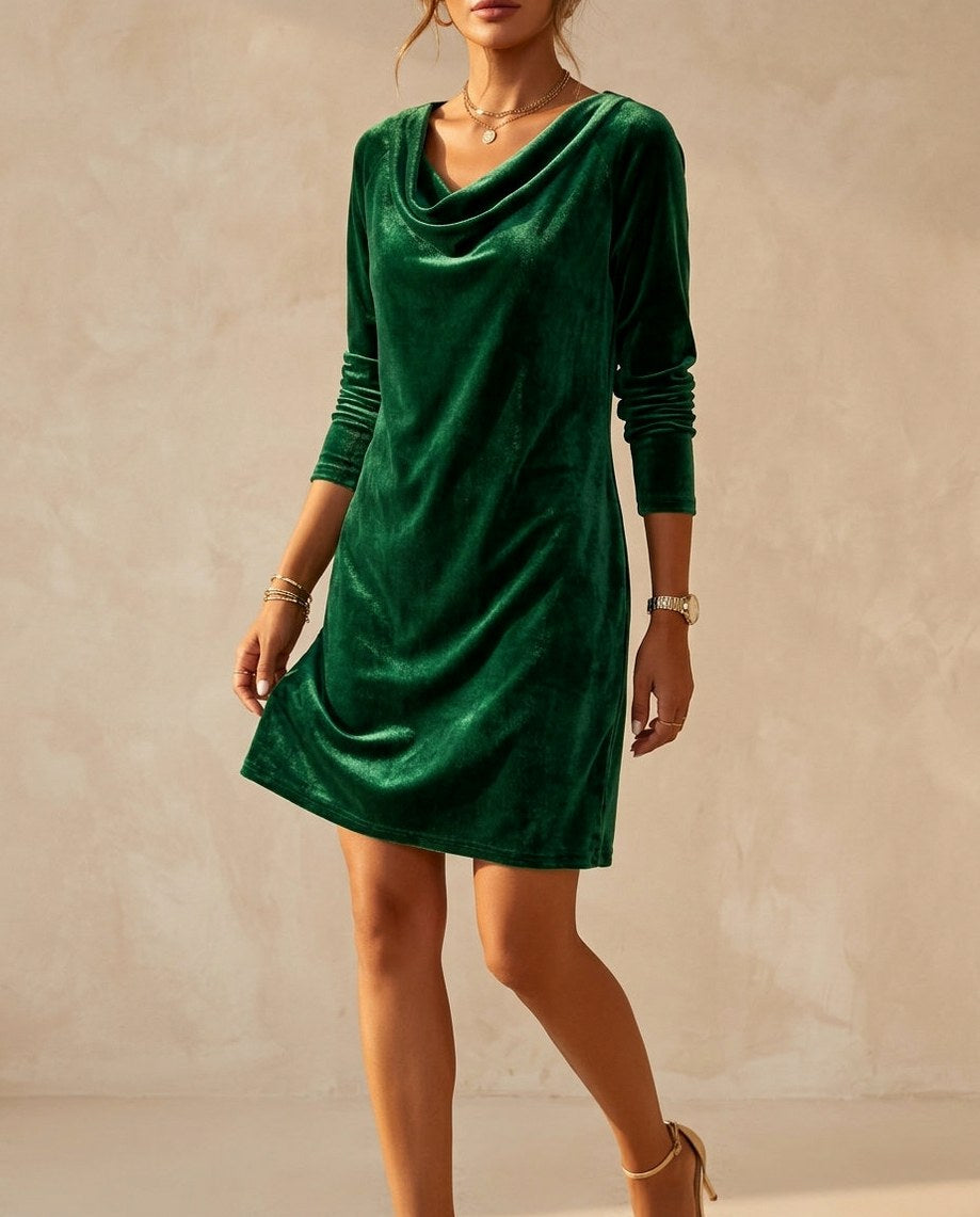 Velvet Cowl Long Sleeve Mini Dress in Green