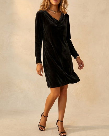 Velvet Cowl Long Sleeve Mini Dress in Black