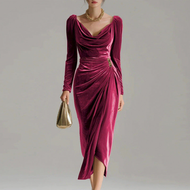 Velvet Cowl Neck Ruched Midi Dress in Raspberry