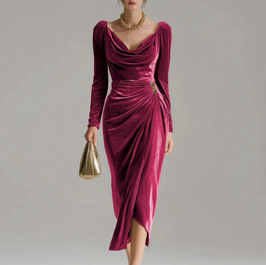 Velvet Cowl Neck Ruched Midi Dress in Raspberry