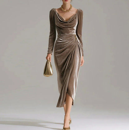 Velvet Cowl Neck Ruched Midi Dress in Brown