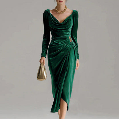 Velvet Cowl Neck Ruched Midi Dress in Green