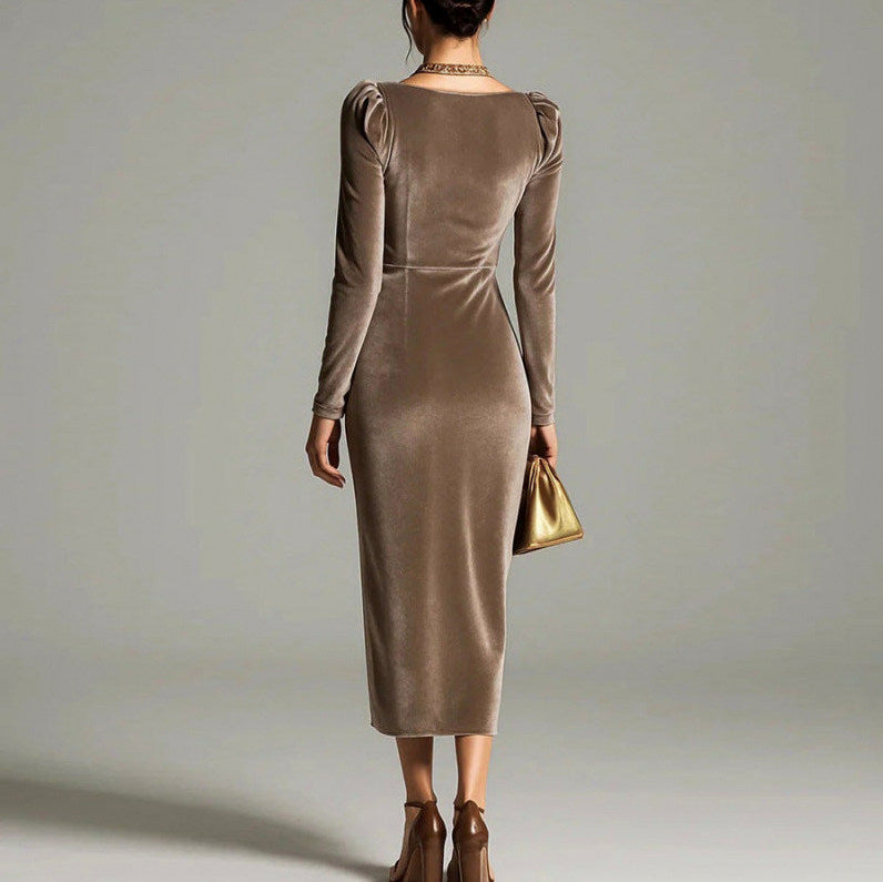 Velvet Cowl Neck Ruched Midi Dress