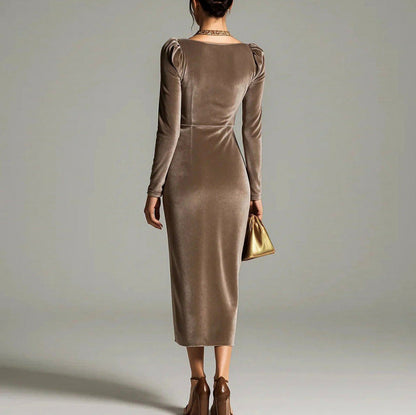 Velvet Cowl Neck Ruched Midi Dress