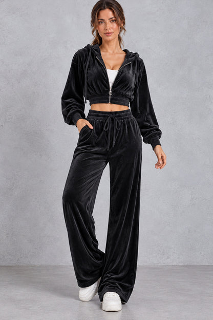 Velvet Cropped Hoodie Wide Leg Matching Set
