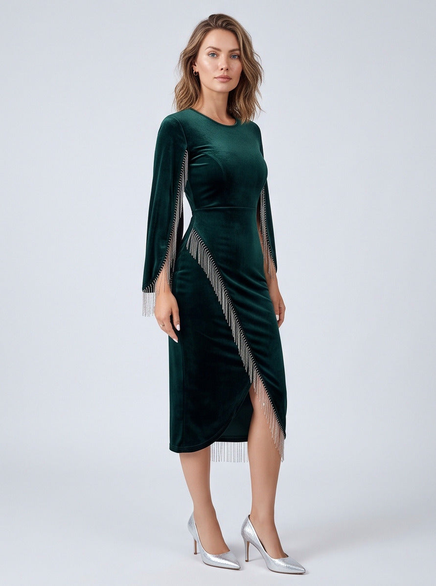 Velvet Fringe Long Sleeve Midi Dress