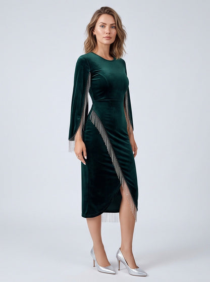 Velvet Fringe Long Sleeve Midi Dress