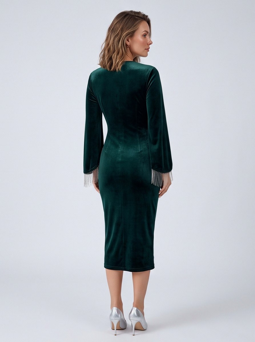 Velvet Fringe Long Sleeve Midi Dress