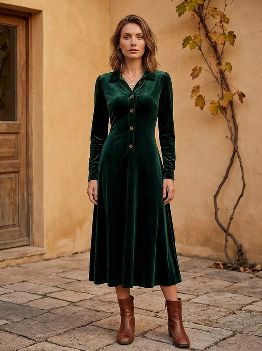 Velvet Long Sleeve Button Front Midi Dress