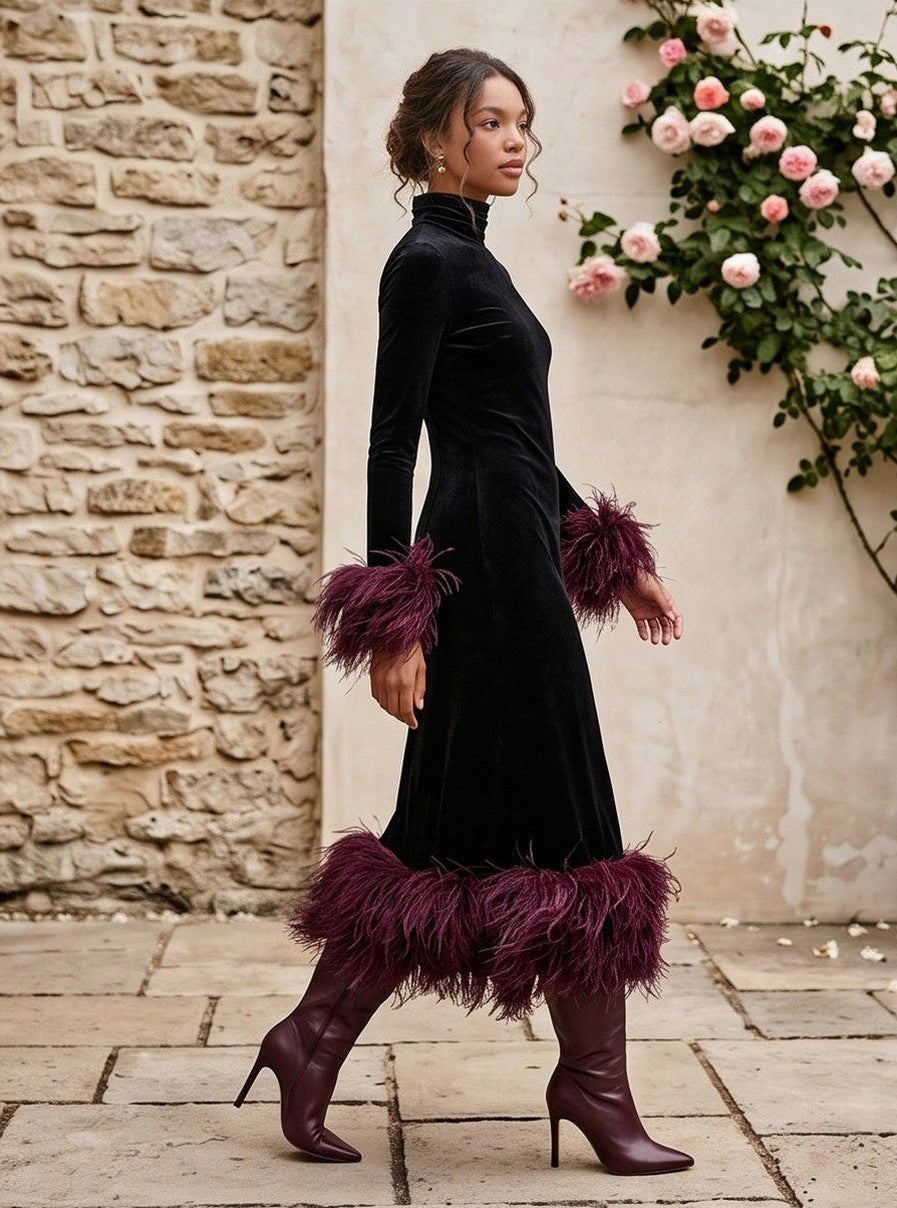 Velvet Long Sleeve Fringe Midi Dress
