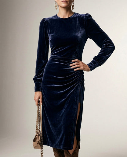 Velvet Long Sleeve Ruched Midi Dress in Blue