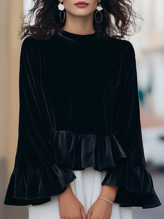 Velvet Mock Neck Long Sleeve Blouse
