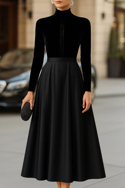 Velvet Mock Neck Pleated Midi Dress in Black