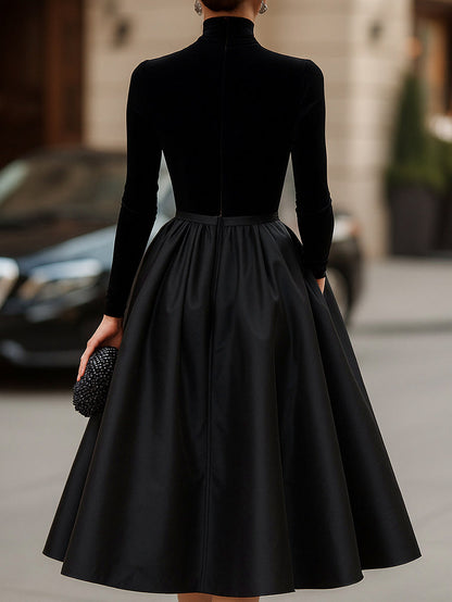 Velvet Mock Neck Pleated Midi Dress
