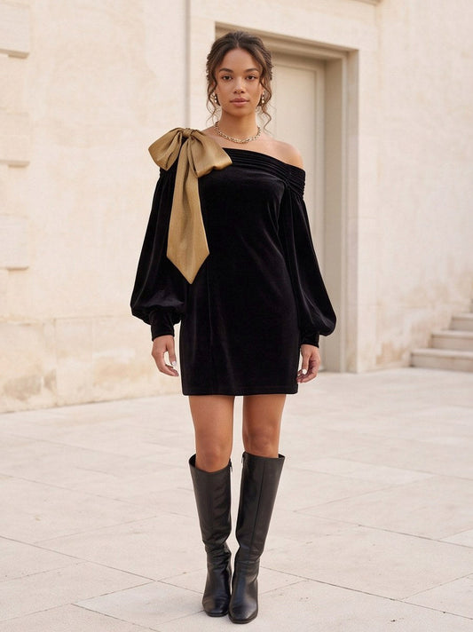 Velvet Off Shoulder Bow Mini Dress