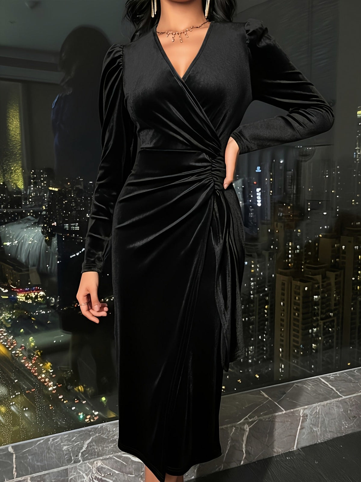 Velvet Ruched Wrap Midi Dress