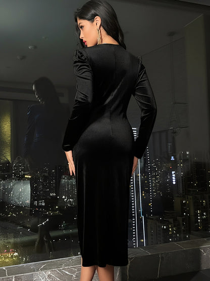 Velvet Ruched Wrap Midi Dress