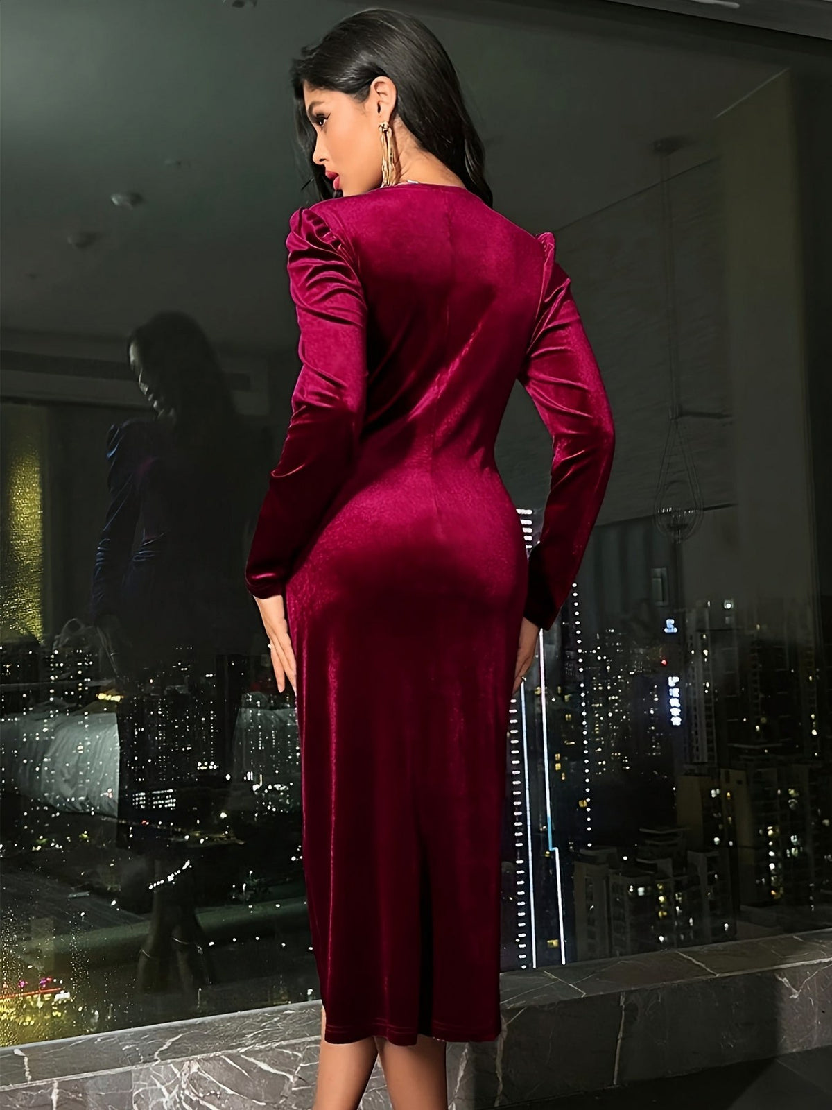 Velvet Ruched Wrap Midi Dress