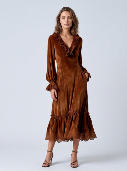 Velvet Ruffle Long Sleeve Midi Dress