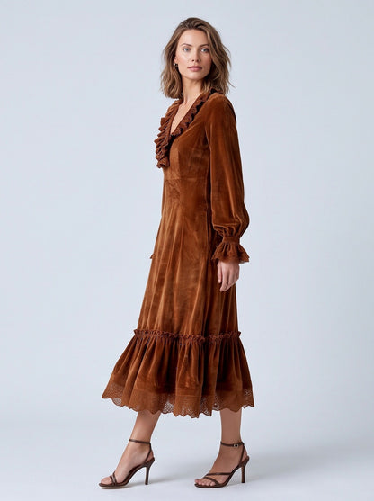Velvet Ruffle Long Sleeve Midi Dress