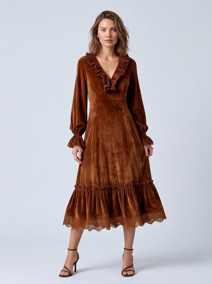Velvet Ruffle Long Sleeve Midi Dress