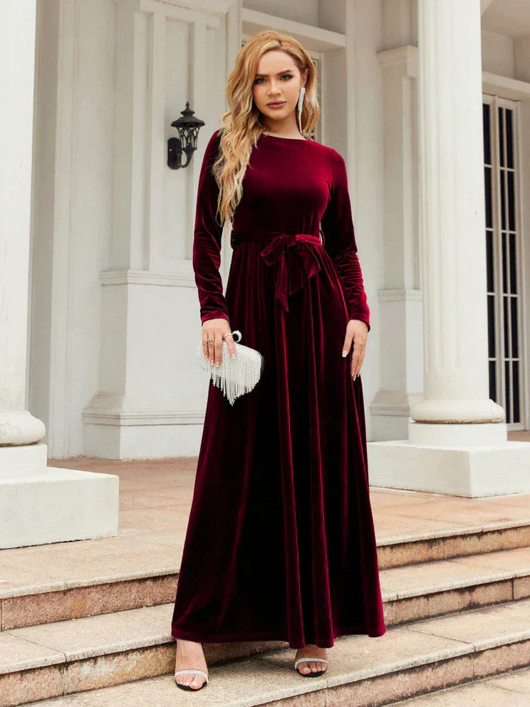 Velvet Tie Waist Maxi Dress in Burgundy
