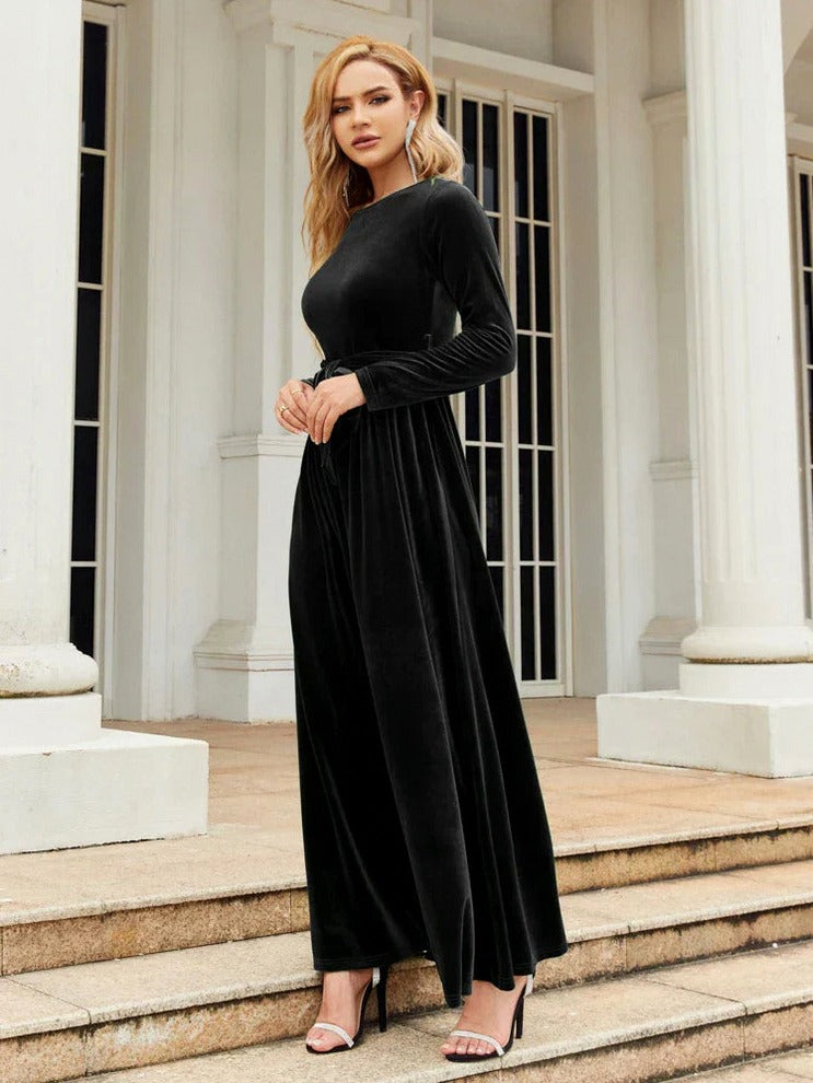 Velvet Tie Waist Maxi Dress in Black