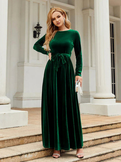 Velvet Tie Waist Maxi Dress in Green