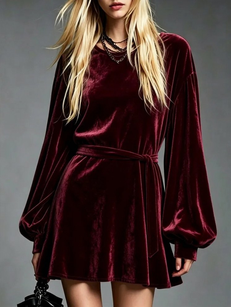 Velvet Tie Waist Mini Dress in Burgundy