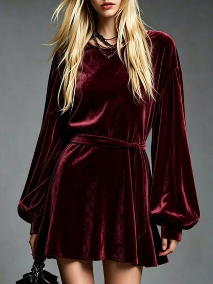 Velvet Tie Waist Mini Dress in Burgundy