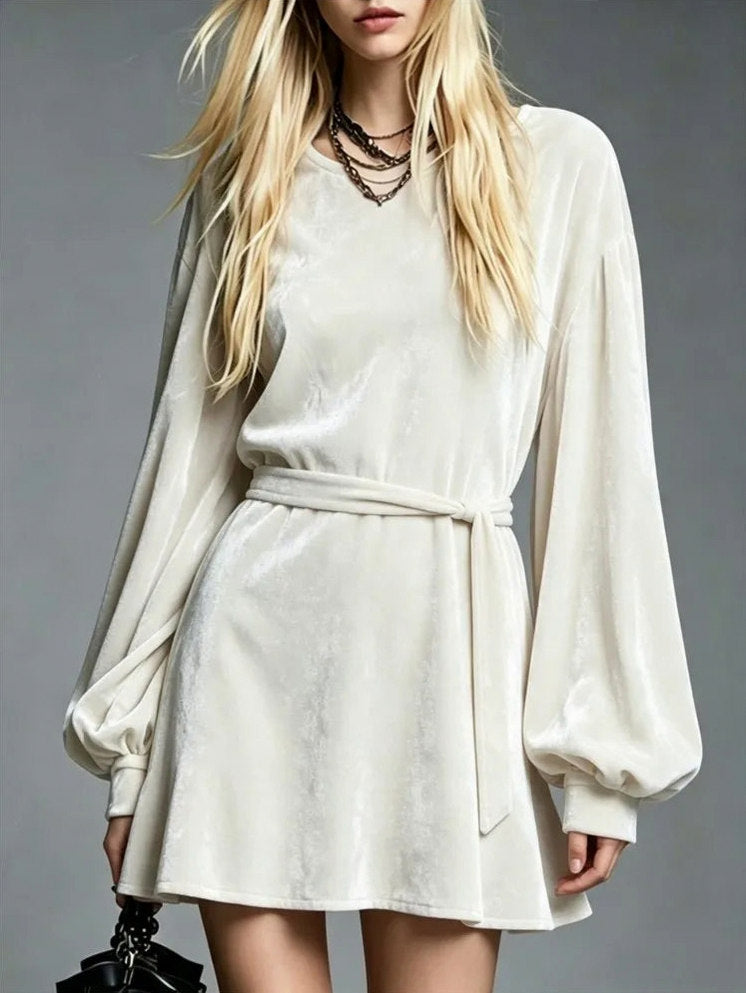 Velvet Tie Waist Mini Dress in White