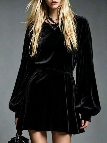 Velvet Tie Waist Mini Dress in Black
