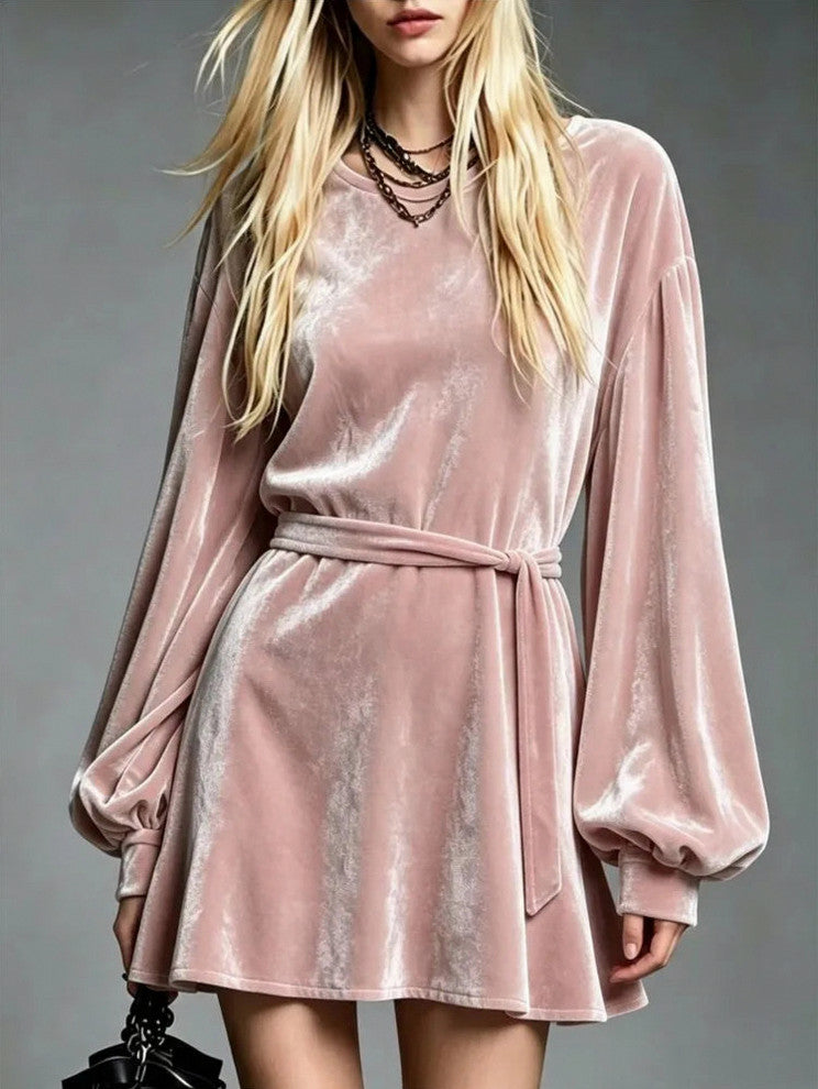 Velvet Tie Waist Mini Dress in Pink