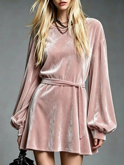 Velvet Tie Waist Mini Dress in Pink